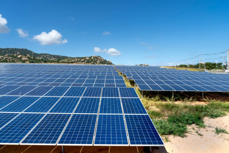 A vast field of solar panels harnessing solar energy on a sunny day.